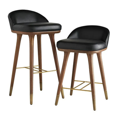 Luxurious Vintage Wood Barstool with Black Leather Backrest & Counter Height Seat