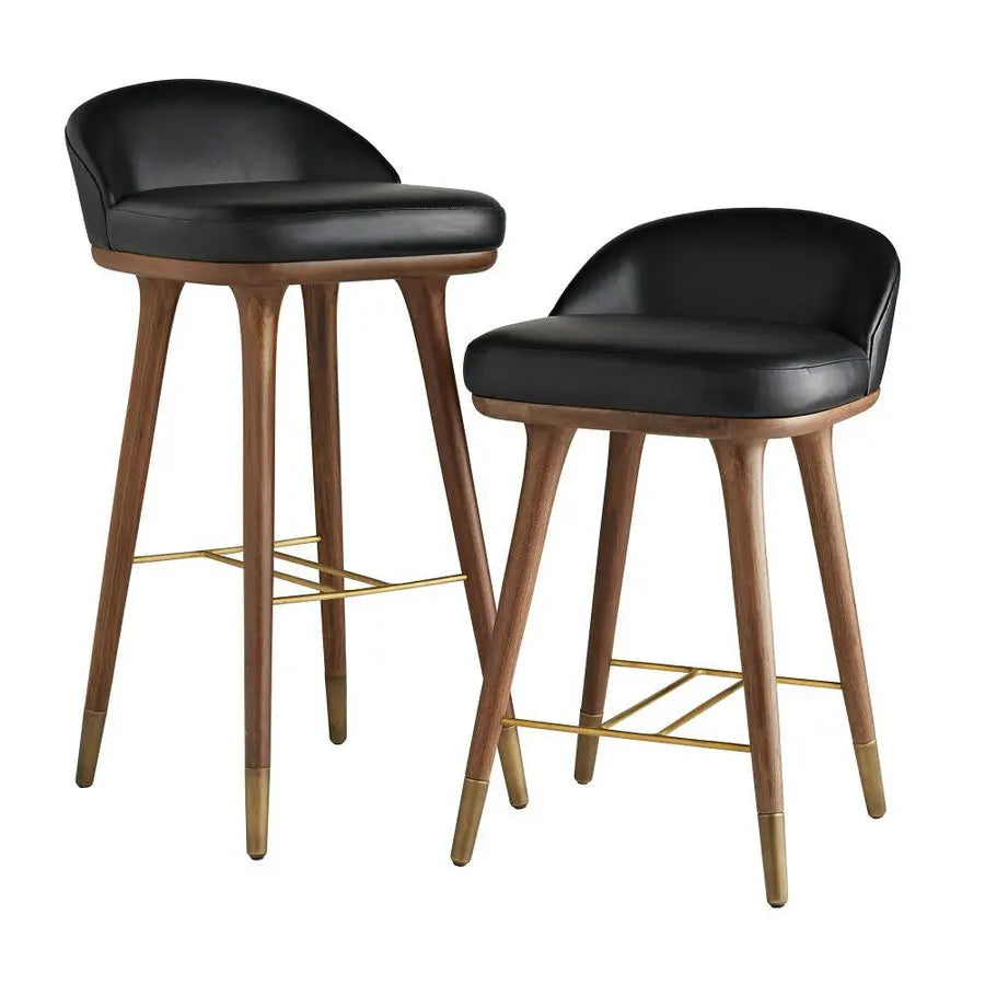 Luxurious Vintage Wood Barstool with Black Leather Backrest & Counter Height Seat