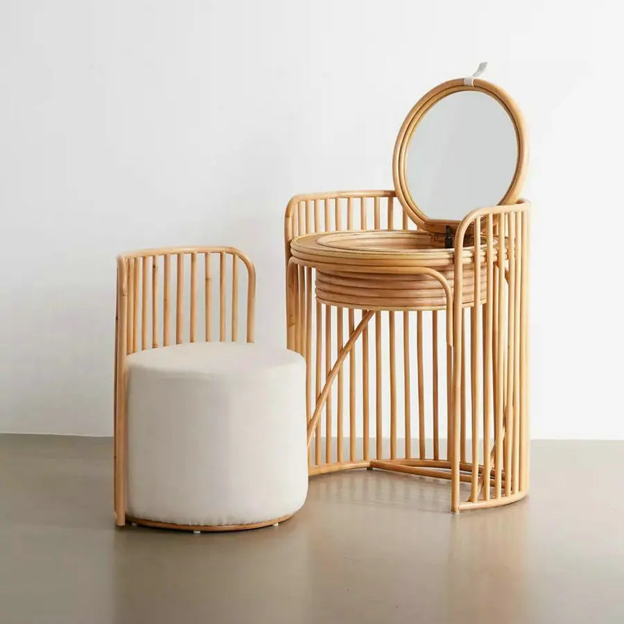 Elegant Rattan Vanity Dressing Table Set with Round Mirror and Matching Stool