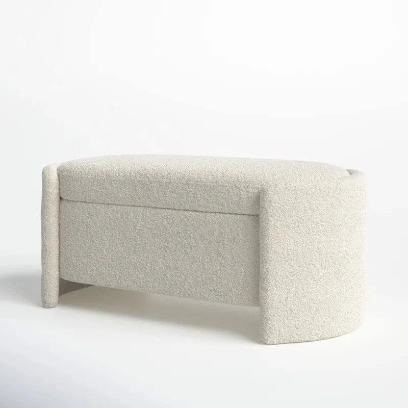 Elegant White Boucle Storage Bench Wooden Upholstered Living Room Foot Stool