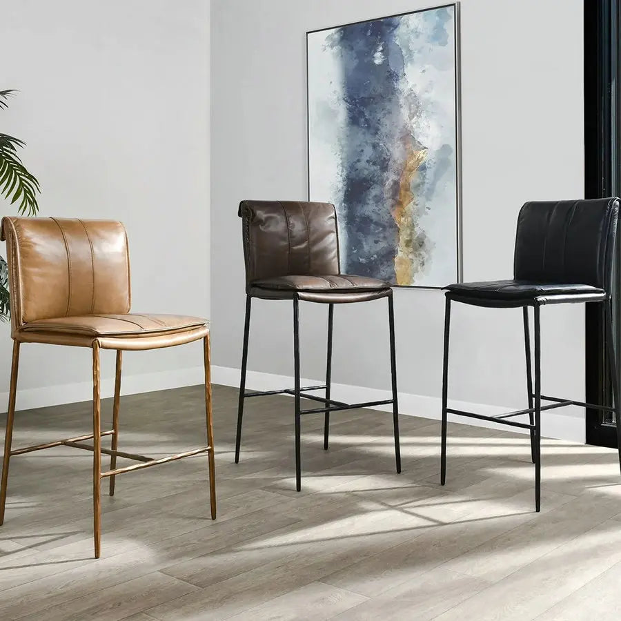 Modern Aesthetic Handmade PU Leather High Back Rustic Iron Frame Bar Stool