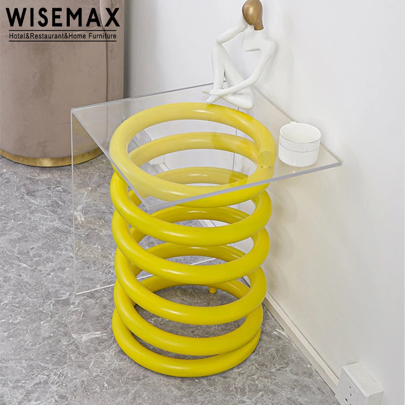 Stylish Square Acrylic Coffee Table with Unique Spring Metal Base Design