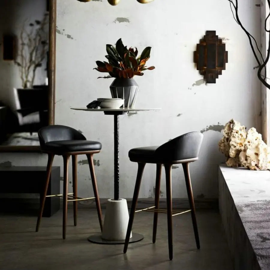 Luxurious Vintage Wood Barstool with Black Leather Backrest & Counter Height Seat