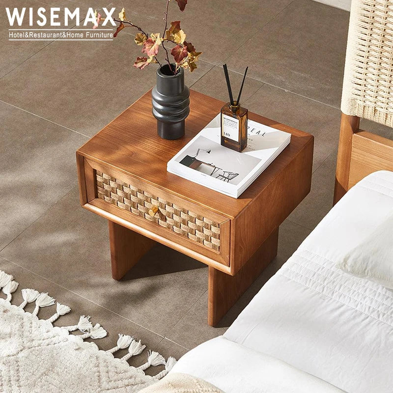 Exquisite Ash Wood Rattan Nightstand Modern Design Luxury Bedroom Side Table