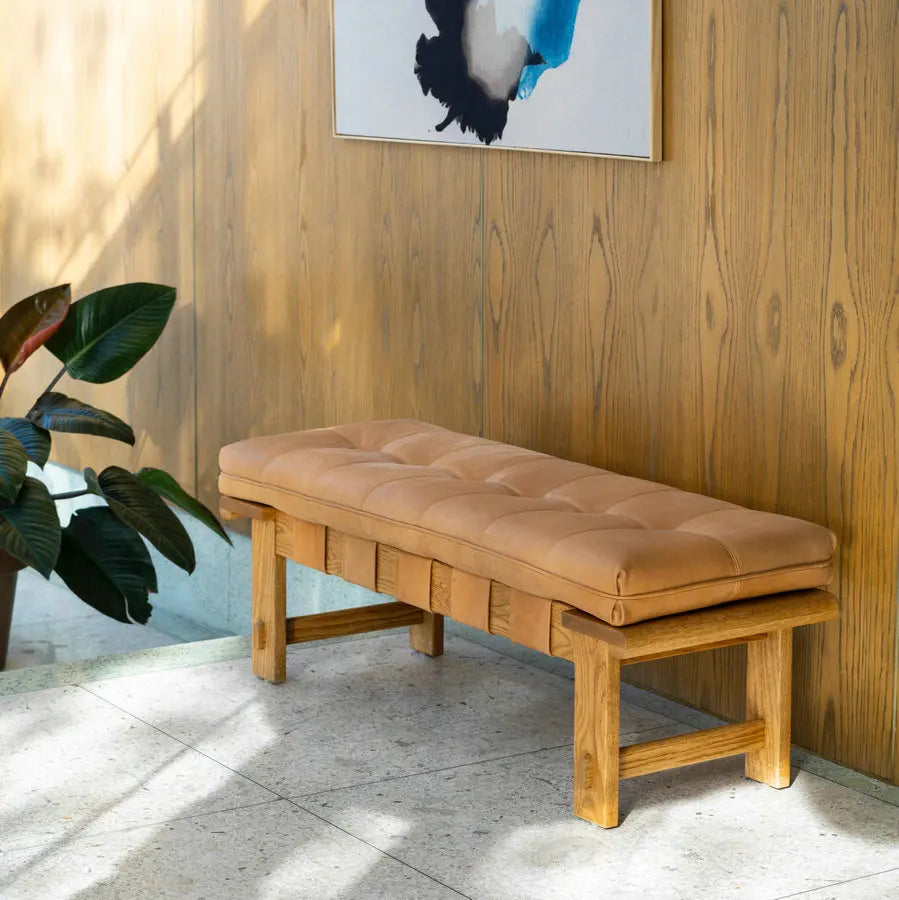 Vintage Tan Leather Upholstered Ottoman for Entryway, Bedroom, Dining Bench