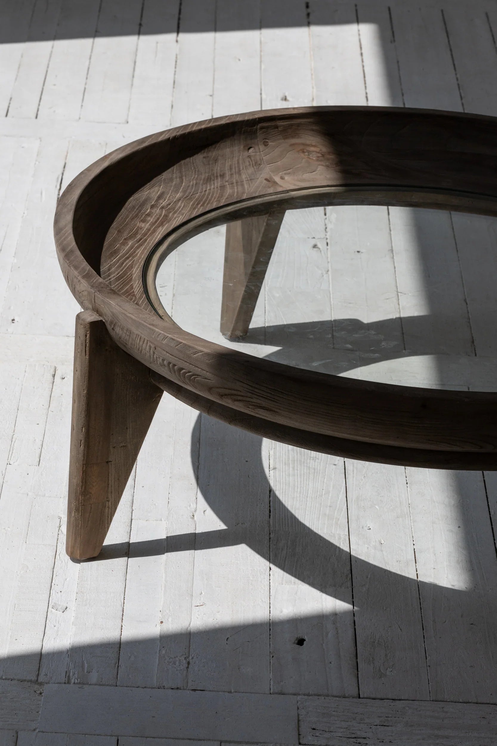 Wabi Sabi Recycled Elm Round Coffee Table with Tempered Glass Top