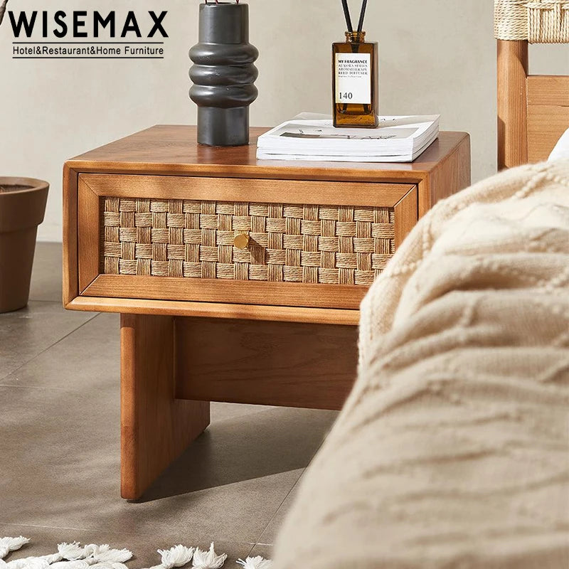 Exquisite Ash Wood Rattan Nightstand Modern Design Luxury Bedroom Side Table
