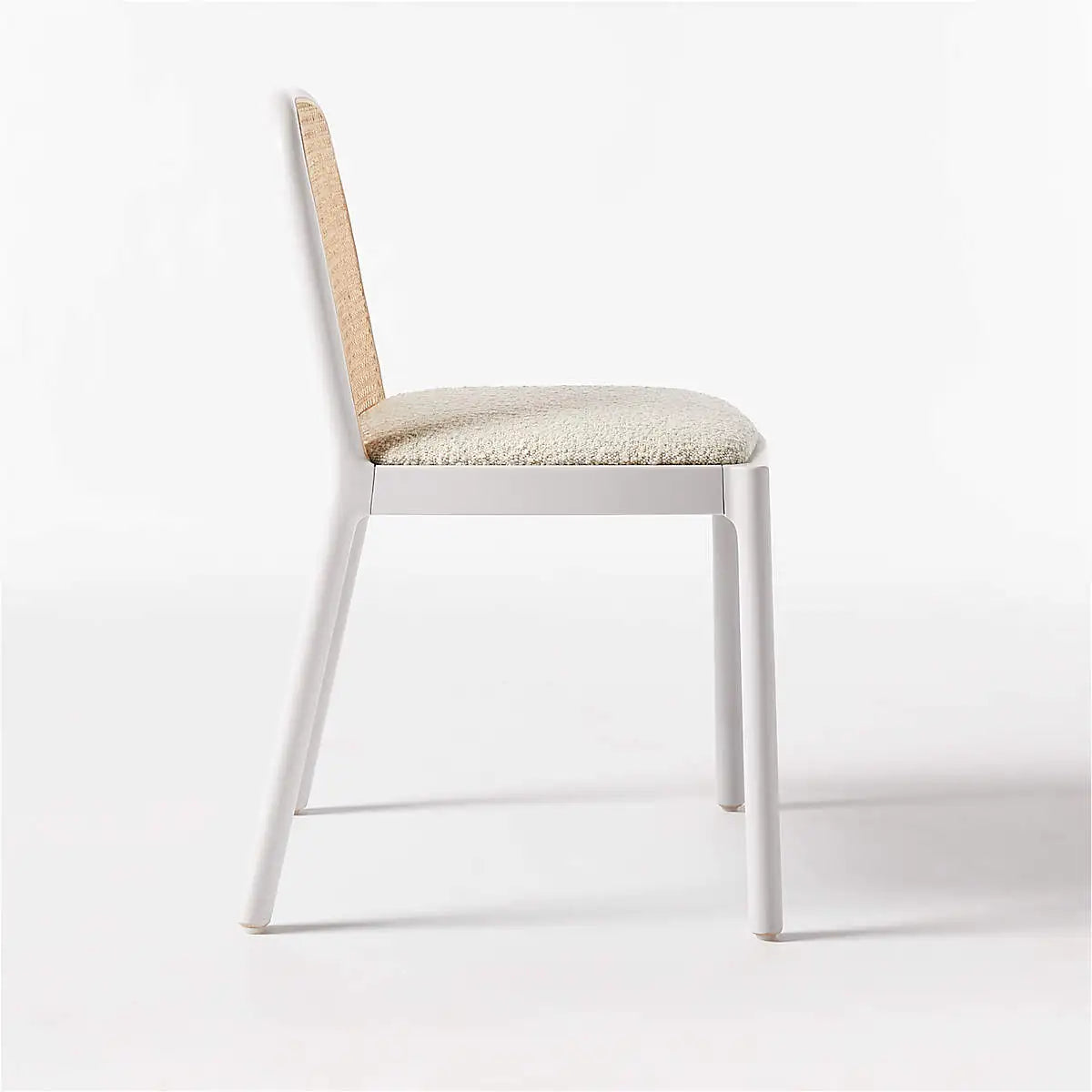 Chic Solid Oak Wood Rattan Armless Dining Chair with Boucle Seat