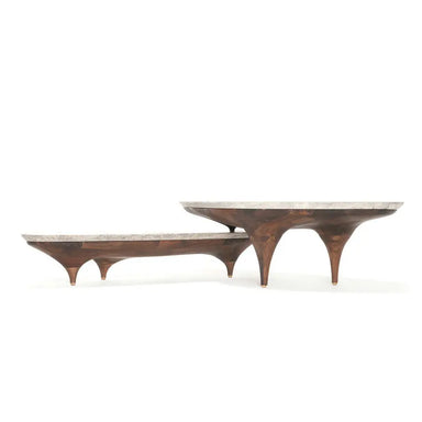 Elegant Nordic Nesting Black Travertine Marble & Walnut Wood Coffee Table