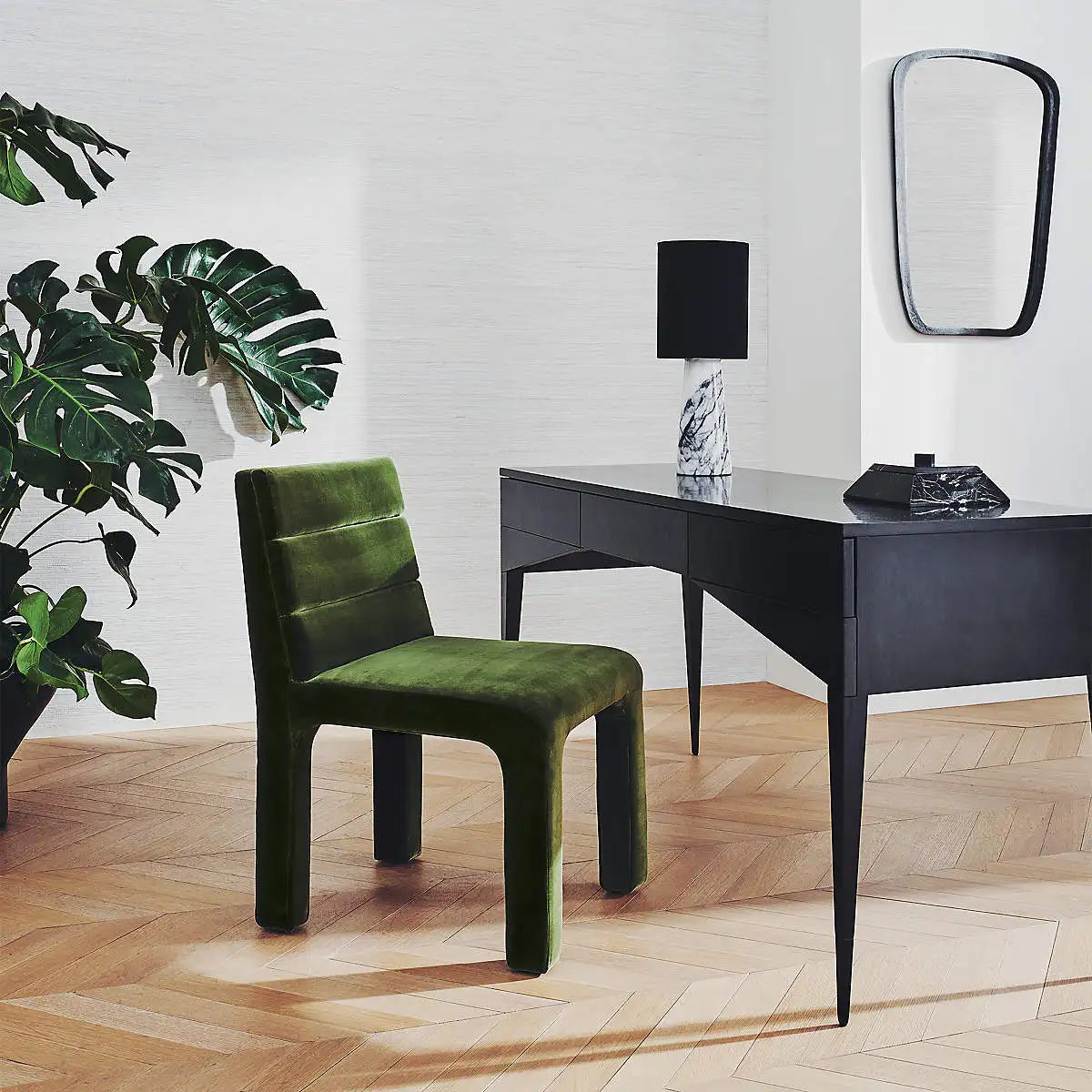 Chic Nordic Channel Tufted Velvet Dining Chair, Upholstered White, Modern Wood Frame