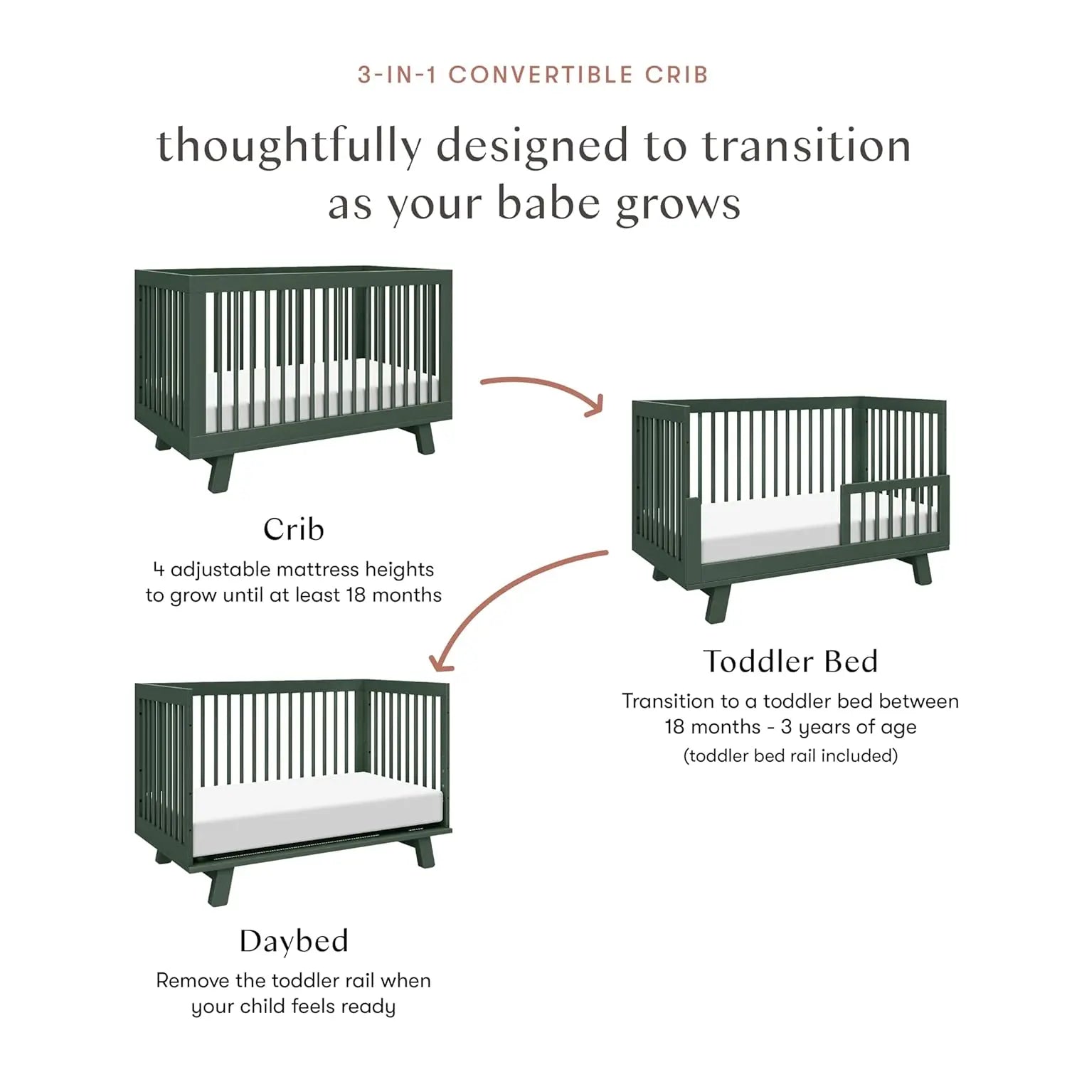 3-in-1 Convertible Baby Crib with 4 Adjustable Mattress Heights for Toddlers