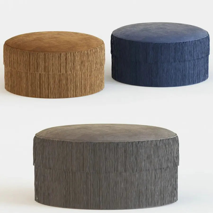 Luxurious Round Velvet Tassel Fringe Ottoman, Upholstered Stool for Elegant Spaces