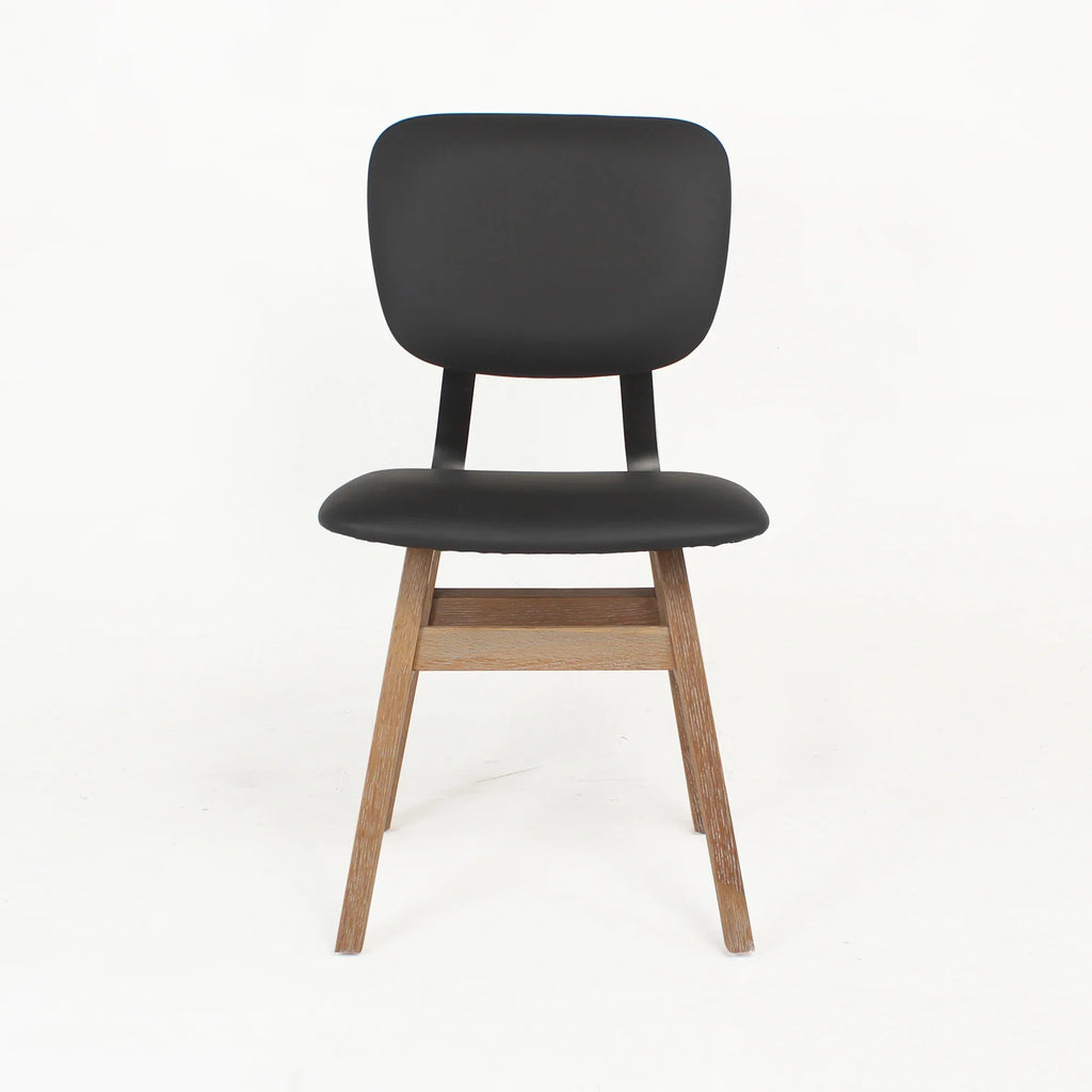 Industrial Modern Black Leather Dining Chair, Natural Oak Legs, Versatile Home Office