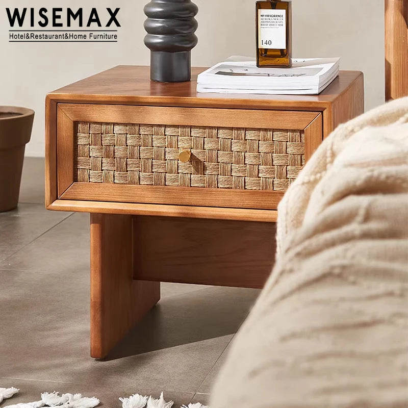 Exquisite Ash Wood Rattan Nightstand Modern Design Luxury Bedroom Side Table
