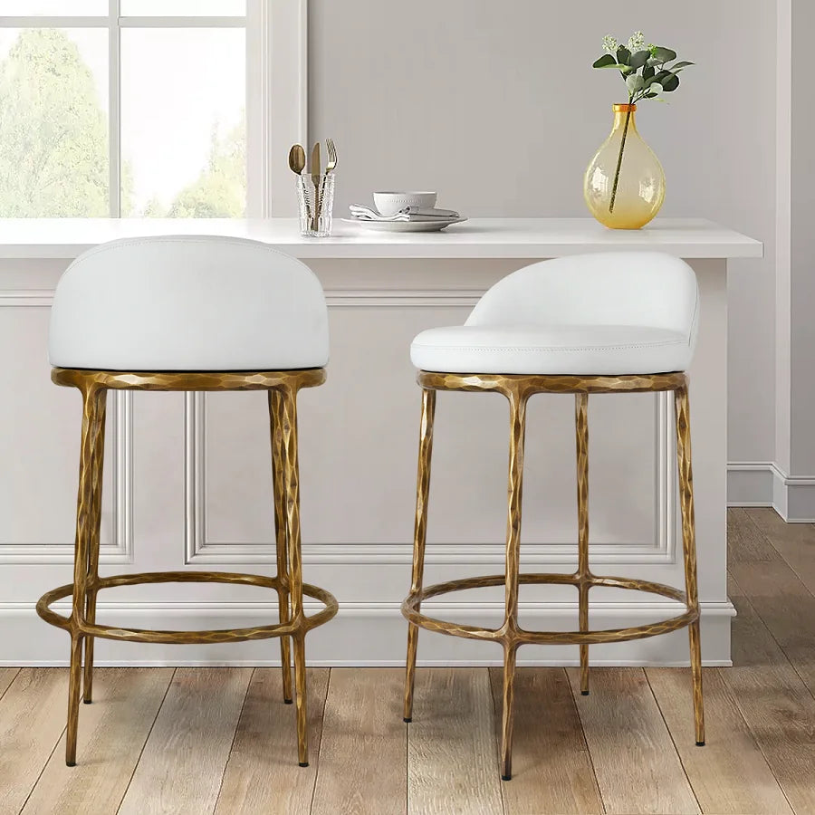 Vintage White Faux Leather Swivel Counter Stool with Brass Accents Barstool