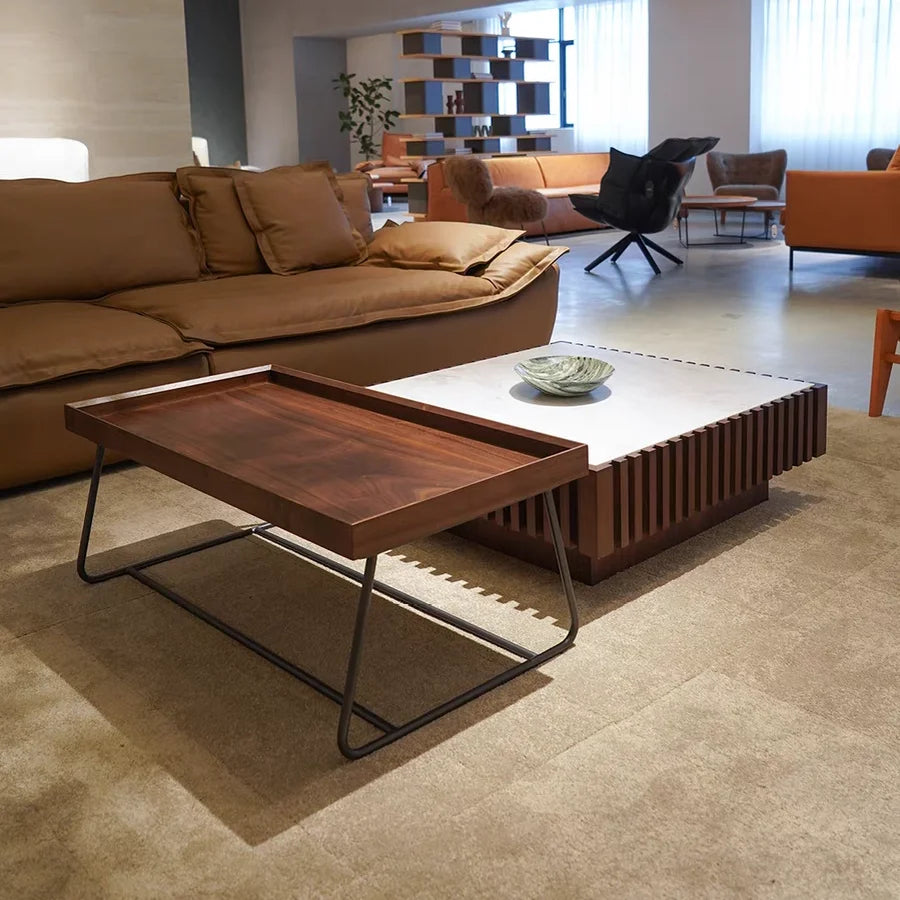 Modern Marble Top Coffee Table or Walnut Wood Rectangular Side Table