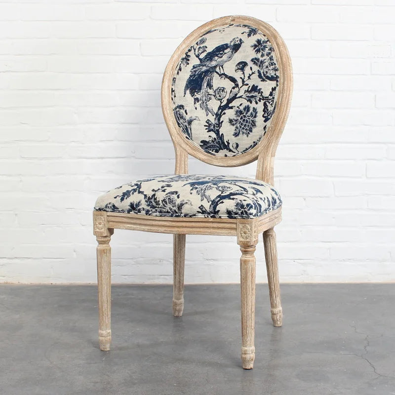 French Style Louis Round Back Linen Upholstered Solid Oak Dining Chair