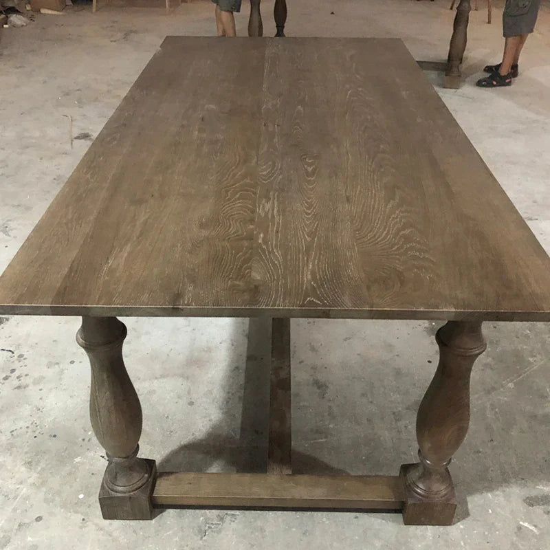 Farmhouse Solid Oak Trestle Dining Table, Carved Legs, Seats 8 Guests