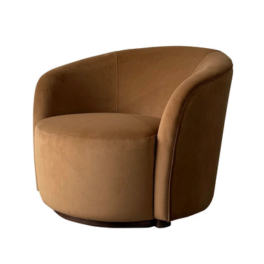 Modern Brown Velvet Swivel Barrel Chair with Curved Back Design