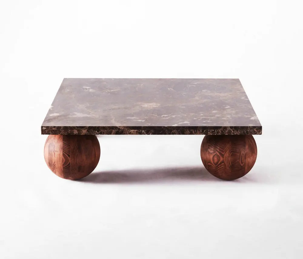 Elegant Round Emperador Marble Coffee Table with Unique Beech Wood Ball Base