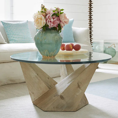Luxury Contemporary European Round Glass Top Coffee Table with Durable Wood Base
