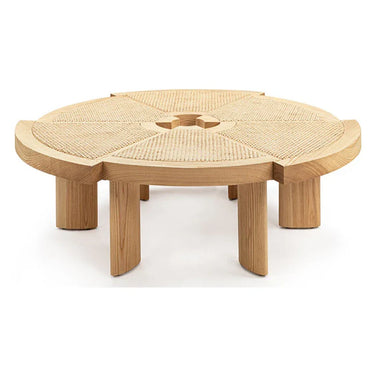 Chic Rattan & Oak Coffee Table - 6 Cane Inset Segments, Modern Living Room Centerpiece