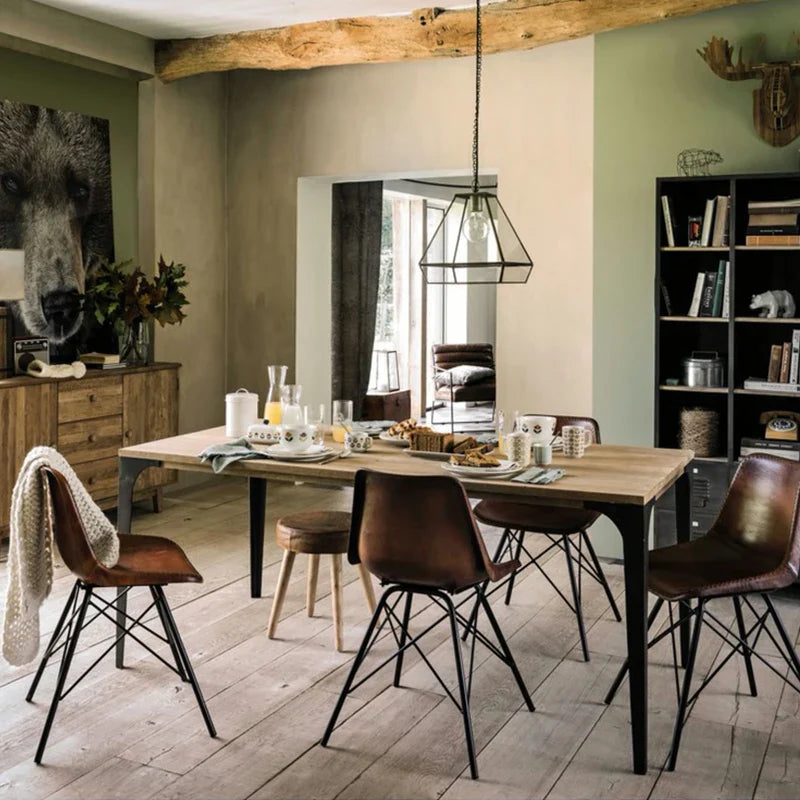 Elegant Nordic Oak Top Dining Table, Black Metal Legs, Six-Seater Kitchen