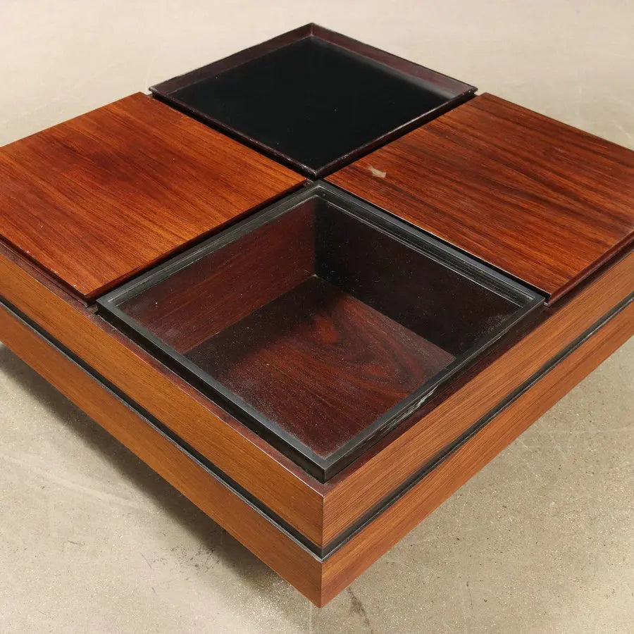 Elegant Mid-Century Modern Tempered Glass Teak Wood Storage Coffee Table
