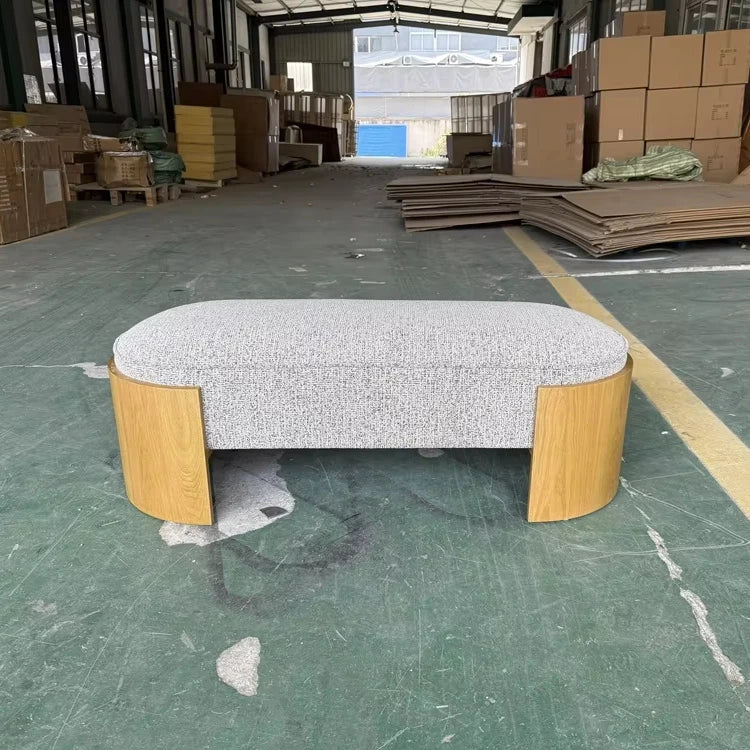 Elegant Oval Chenille Upholstered Long Bench with Durable Solid Oak Frame