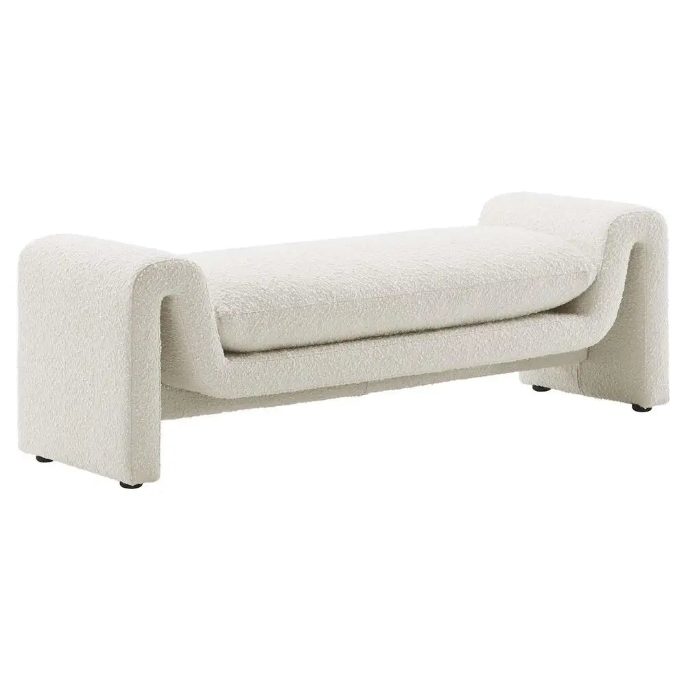 Chic Black Boucle Curved Bench Stool - Modern Wooden Accent Seating