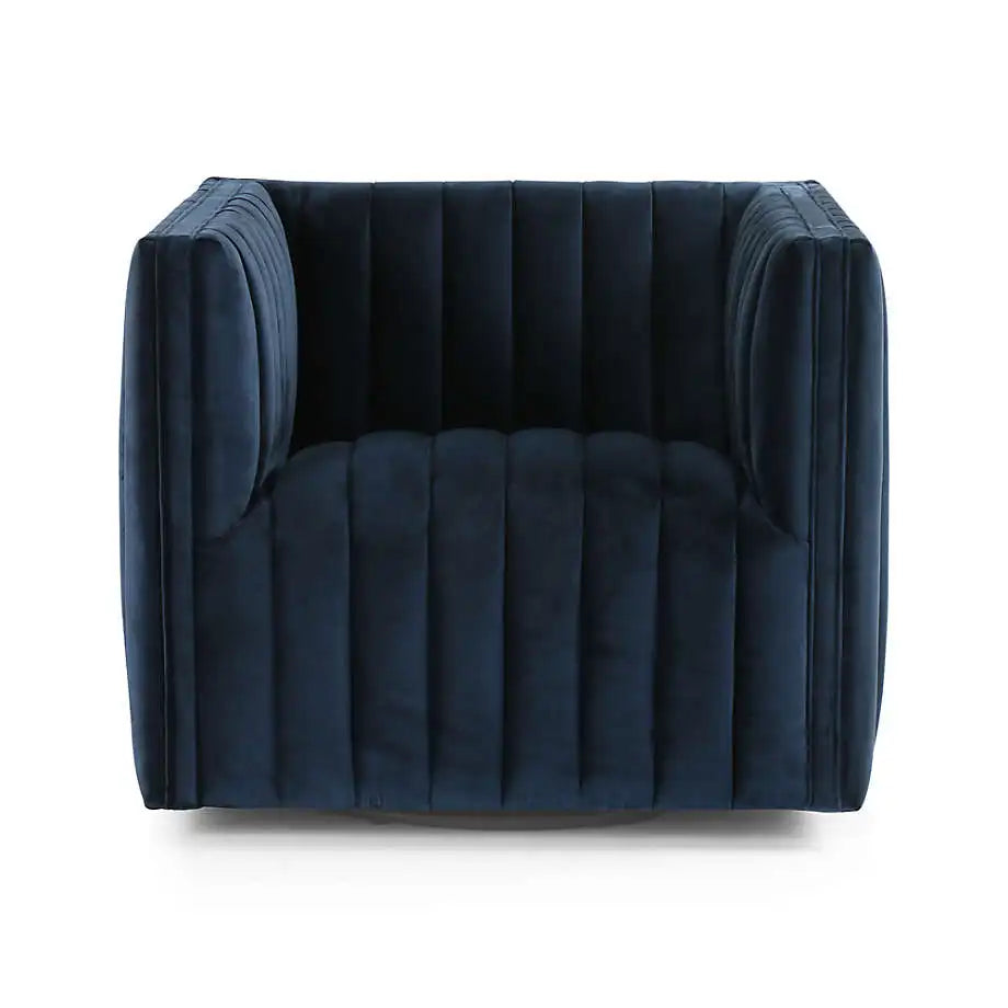 Luxurious Blue Velvet Swivel Club Chair: Modern Channel Tufted Home & Hotel Seating
