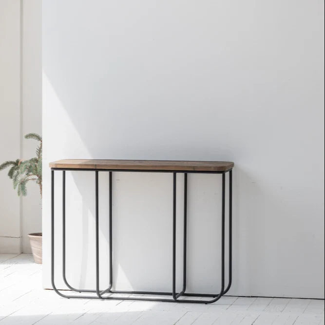 Rustic Recycled Elm & Steel Console Table – Natural Washed Finish, Industrial Chic