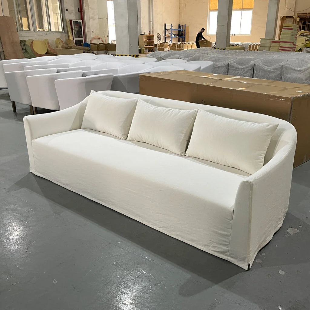 Modern White Linen Upholstered 3-Seater Sofa Couch with Solid Wood Frame