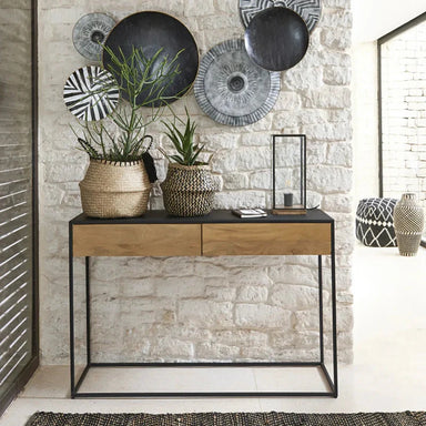 Elegant Black Metal Frame Console Table with Oak Wood Drawers for Modern Homes