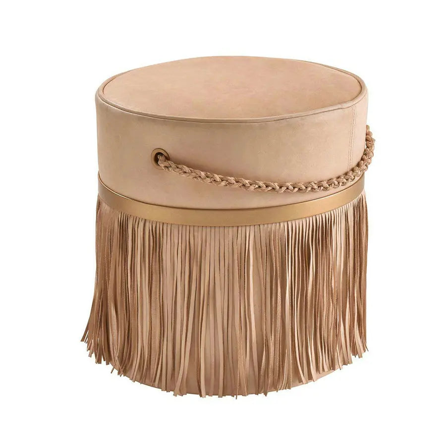 Modern Esthetic Leather Fringes Ottoman with Chain Handle Tassel Pouf