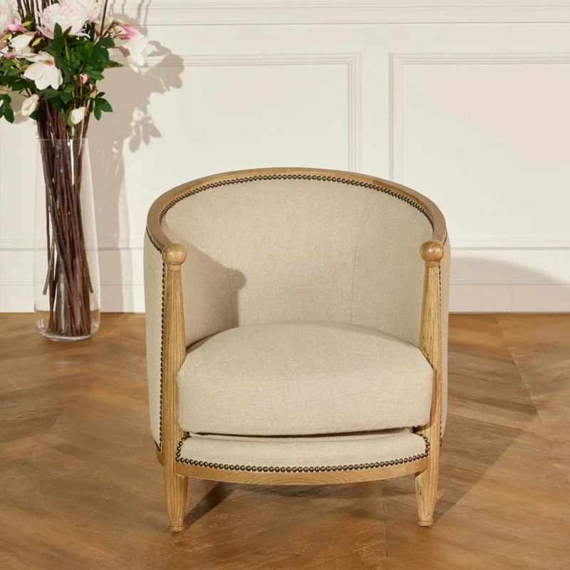 Retro Solid Oak Leisure Chair with Round Back, Unique Shell Design