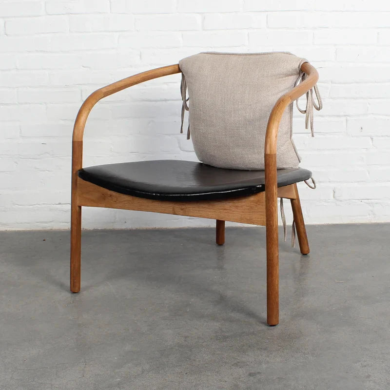 Premium Retro Solid Oak Frame Leather Lounge Chair with Upholstered Back