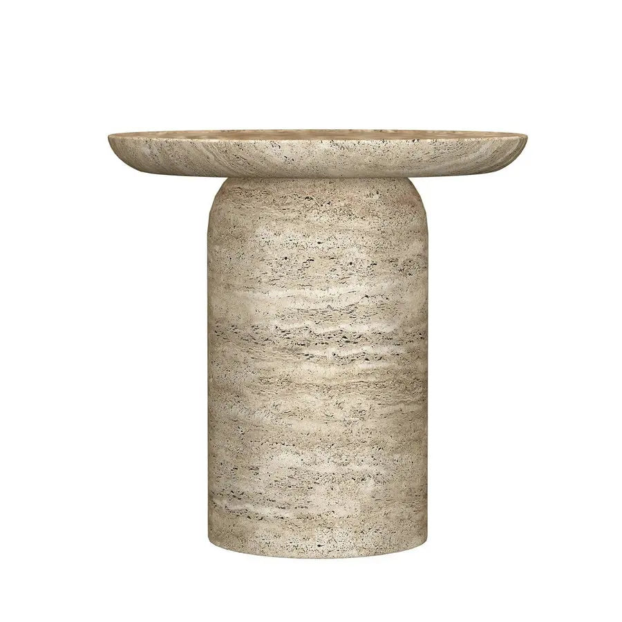 Elegant Carved Round Travertine Marble Accent Sofa Side Table
