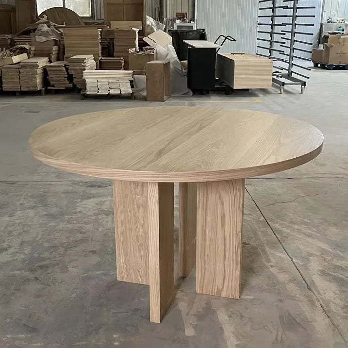Modern Round Oak Wood Dining Table, Geometric Black Legs, Stylish Design