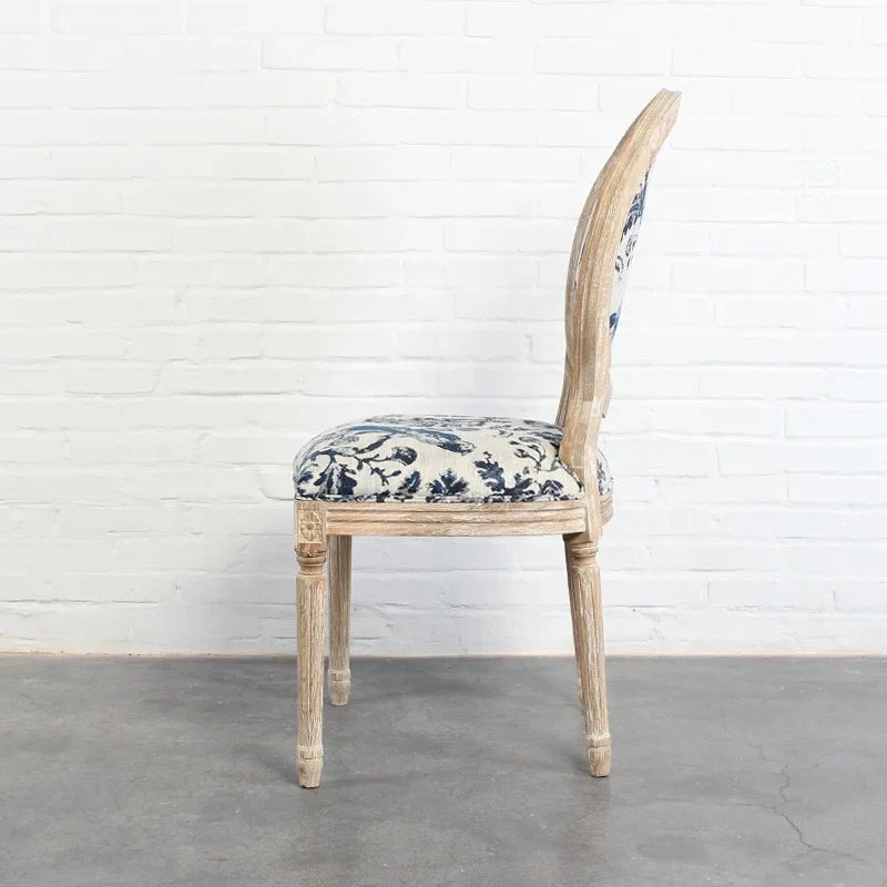 French Style Louis Round Back Linen Upholstered Solid Oak Dining Chair