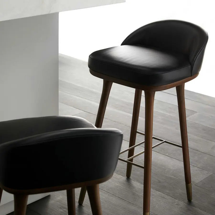 Luxurious Vintage Wood Barstool with Black Leather Backrest & Counter Height Seat