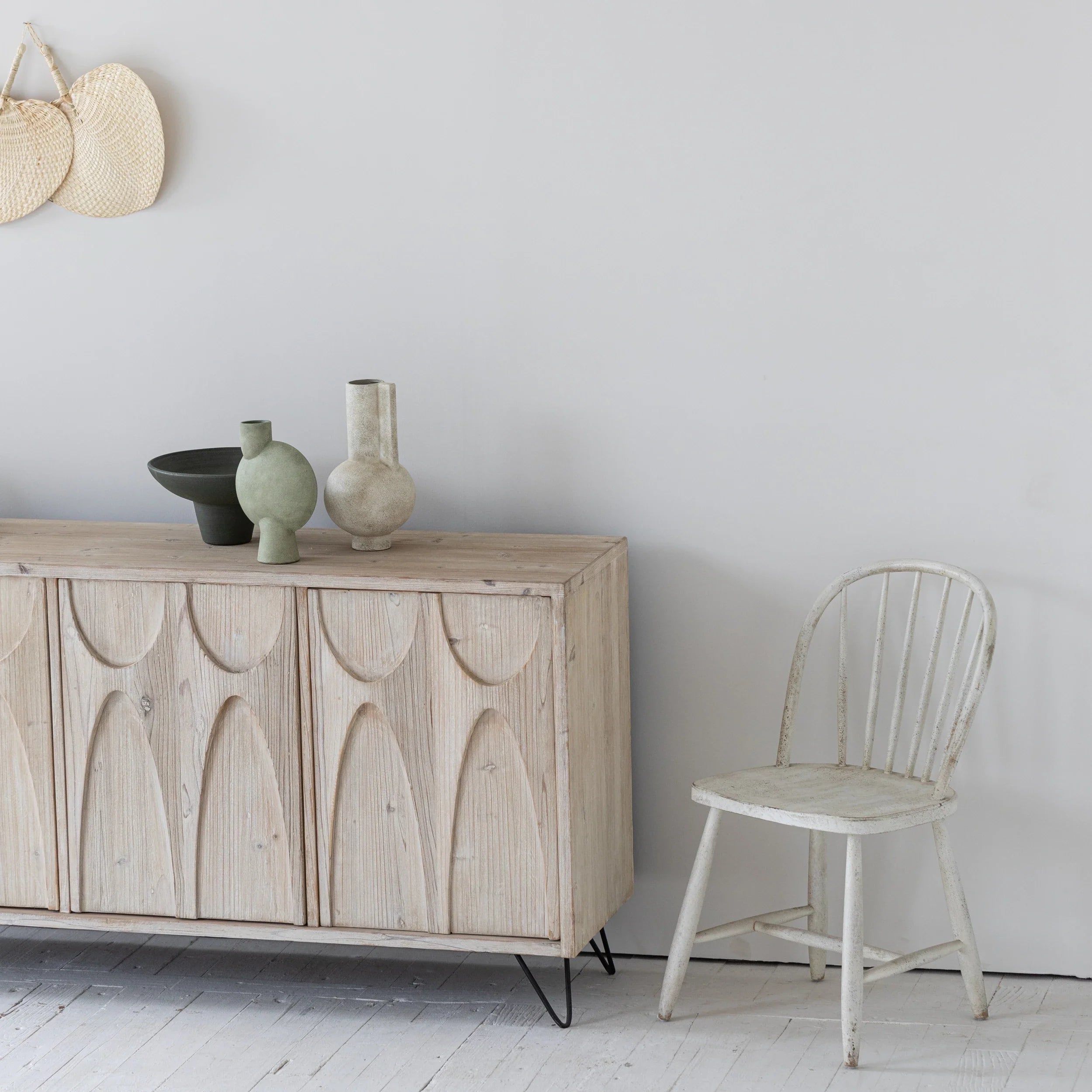 Elegant Japandi French Louis Recycled Pine Sideboard Cabinet for Living Room