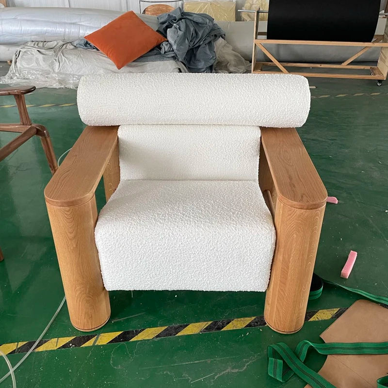 Elegant White Boucle Solid Oak Accent Chair: Modern Leisure Sofa Armchair