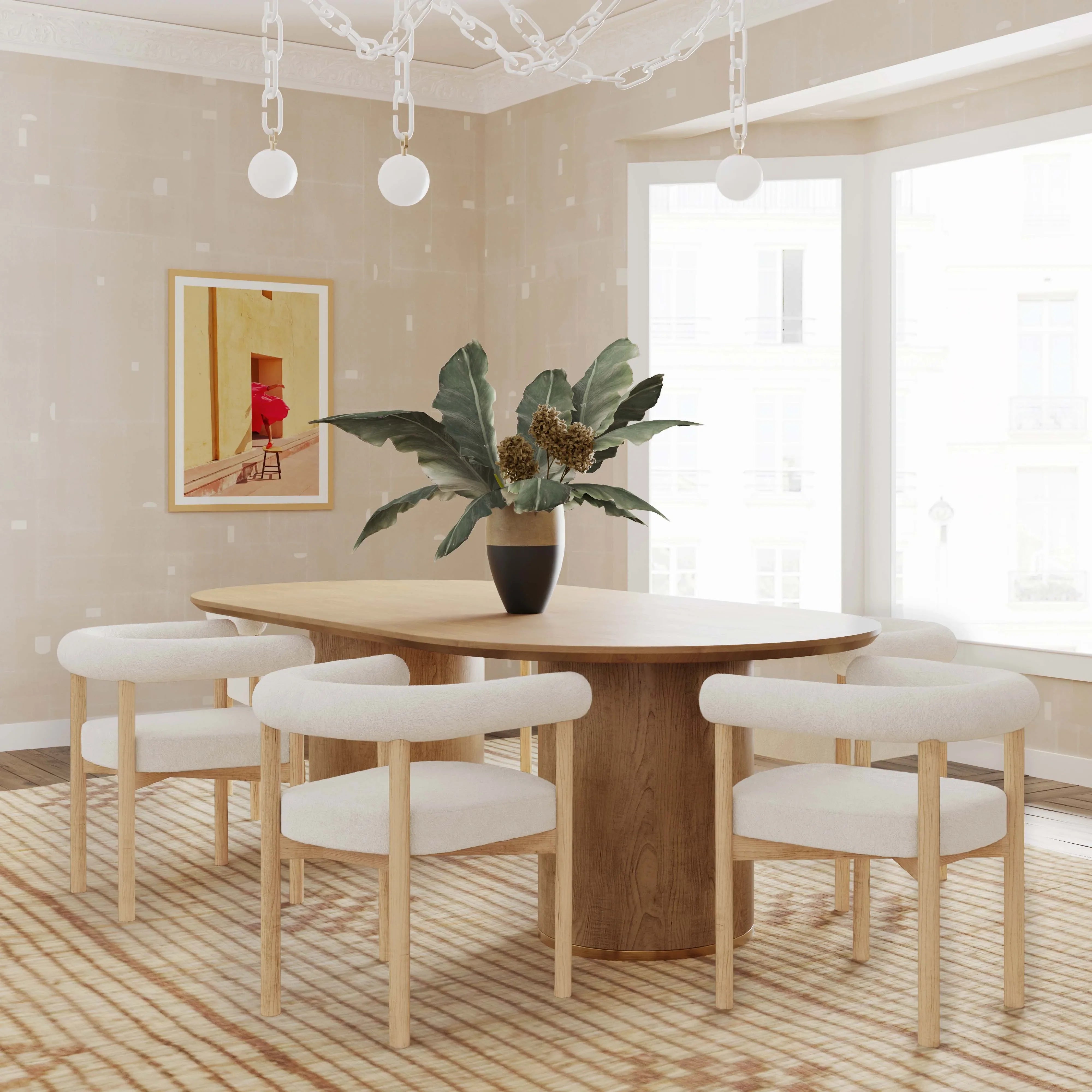 Elegant Oval Oak Wood Dining Table with Cylinder Legs, Modern 8-Seater