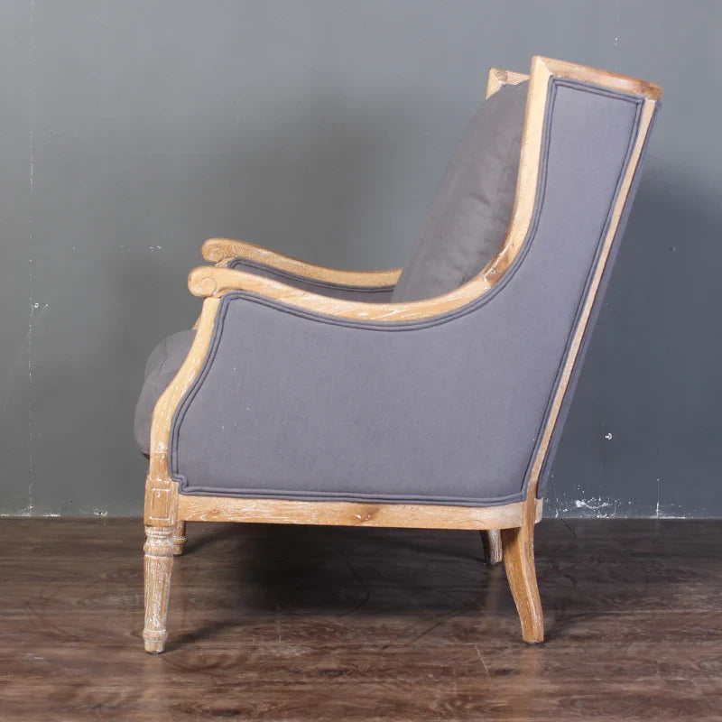 French Country Solid Oak Linen Armchair - Antique Accent Living Room Sofa