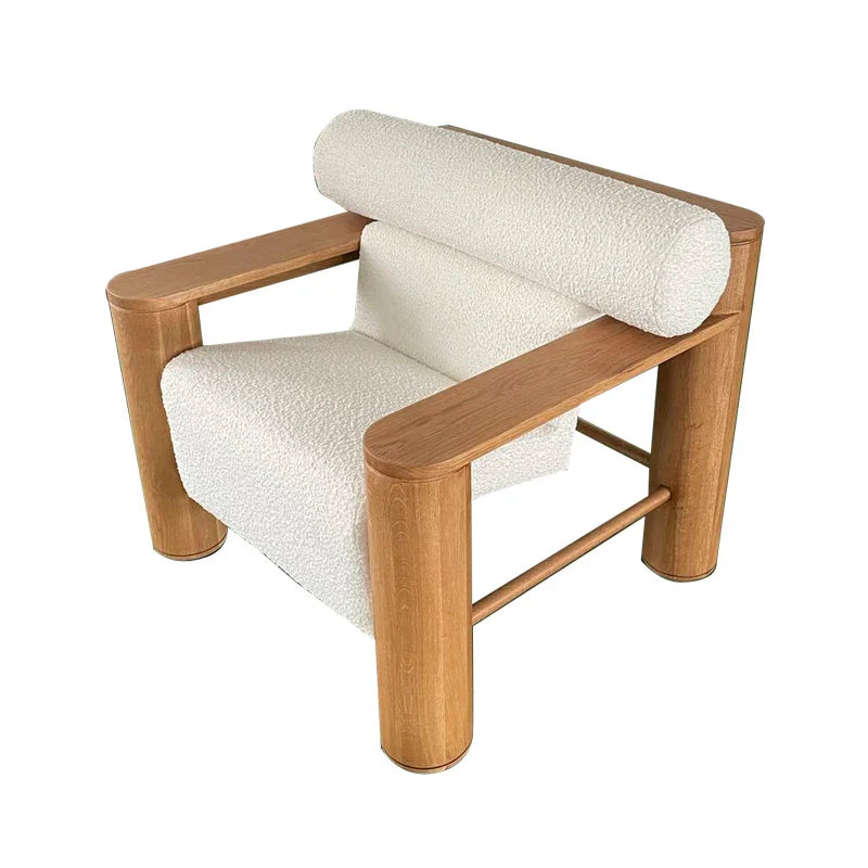 Chic White Boucle Solid Oak Accent Chair - Modern Living Room Leisure Seating