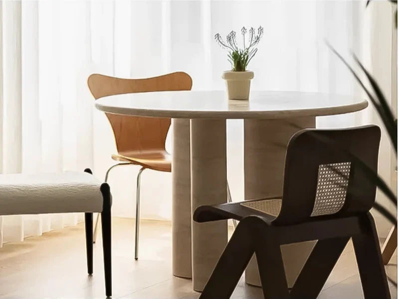 Tostone Cream Travertine Round Dining Table, Modern Minimalist Stone Design for Home