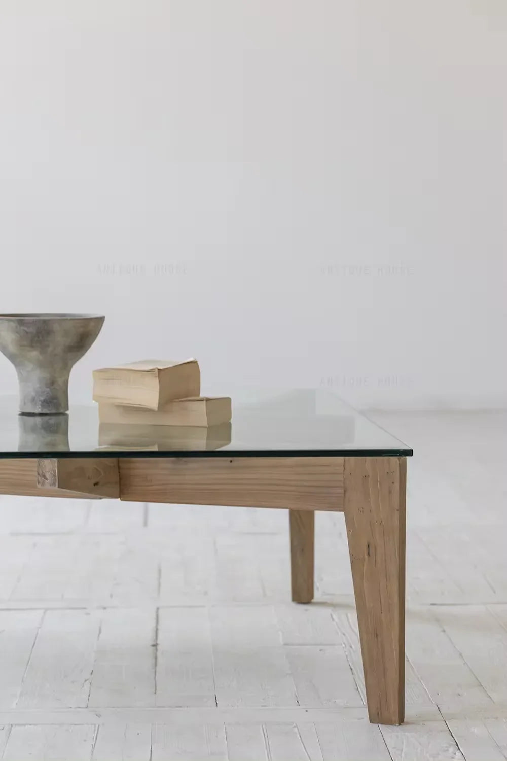 Chic Japandi Wabi-Sabi Square Glass Coffee Table with Recycled Elm Base