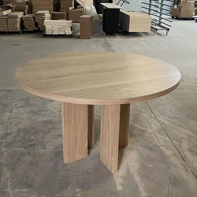 Modern Round Oak Wood Dining Table, Geometric Black Legs, Stylish Design