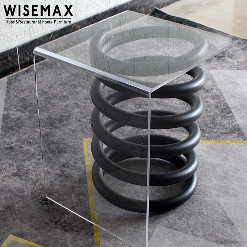 Stylish Square Acrylic Coffee Table with Unique Spring Metal Base Design